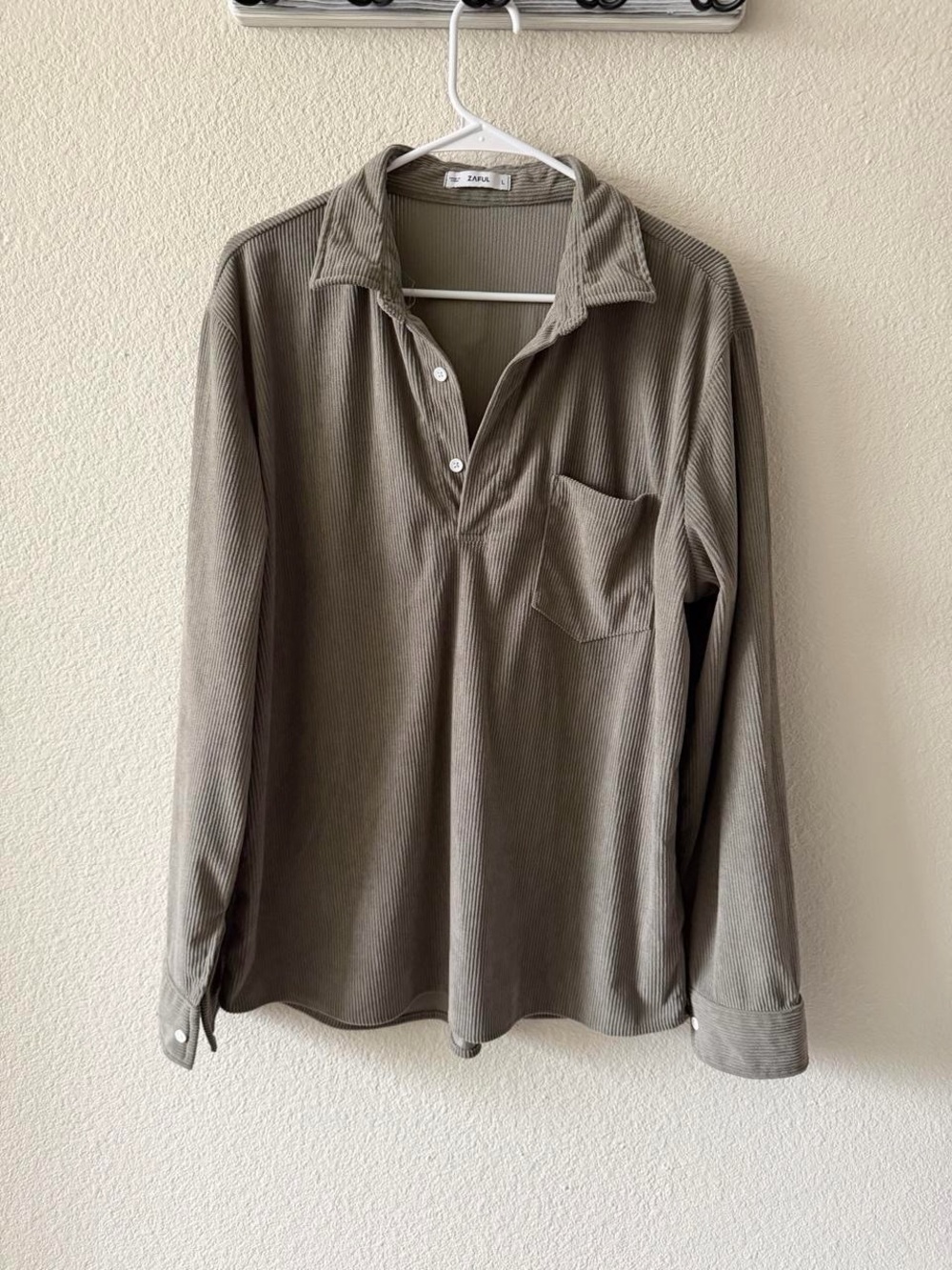 Zaful Olive Green Ribbed Long-Sleeve Button Polo Shirt